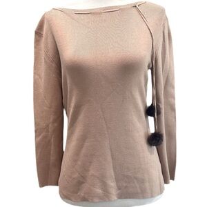 Stylish Tan Sweater with Pom Pom Detail Silk Cotton Blend Boat Neck Sweater